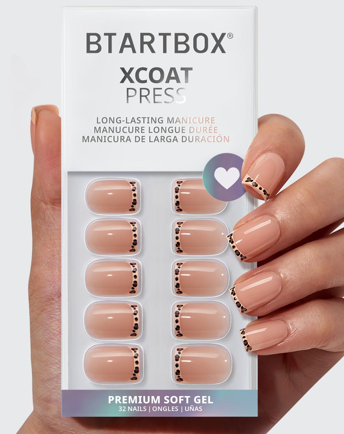 BTArtbox Press On Nails, French Tip Short Square Nails, 32 Pcs Full Kit