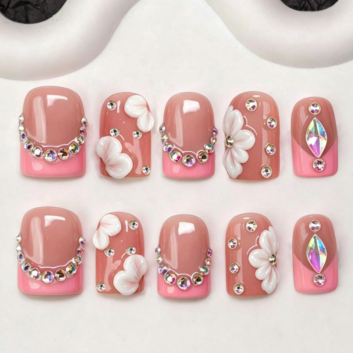 Handmade Press On Nails Short Square Nude 10PCS French Tip Fake Nails with 3D Gold Pearl Charms, Hand Painted Luxury Reusable Stick On Nails for Wedding Bridal Prom(M)