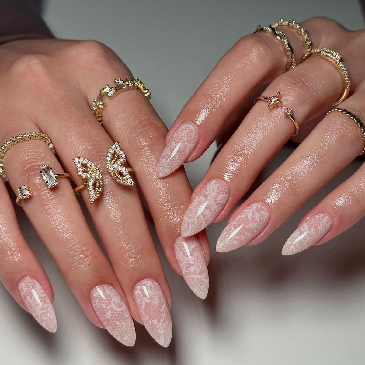 IMRAIN Medium Almond Silver Glitter French Tips False Nails with Rhinestone Designs - Glossy Full Cover Glue on Artificial Stiletto Nude Nails for Women Girls - 24 Pcs