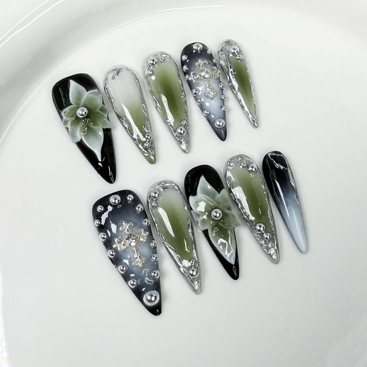Luxury Handmade Press On Nails, Vintage Bohemian Style, Long Stiletto Shape, Crystal Heart Gems, Gold Stars Design, 10 Pieces (Large, LS)