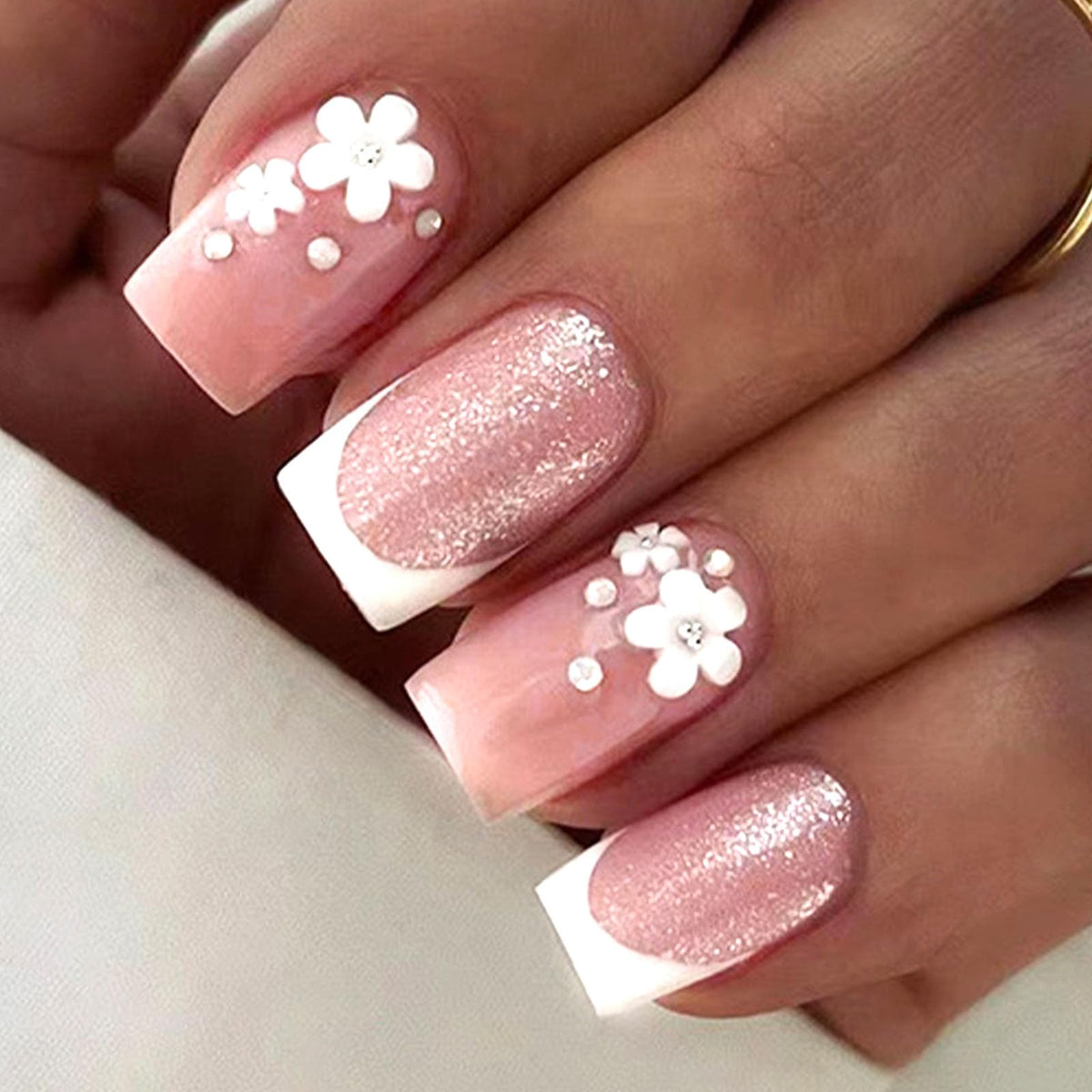 Medium Press on Nails Square White French Tip False Nails with Glitter Design Cute Fake Nails Light Pink Full Cover Nails Press ons Glossy Glue on Nails for Girls and Women 24Pcs