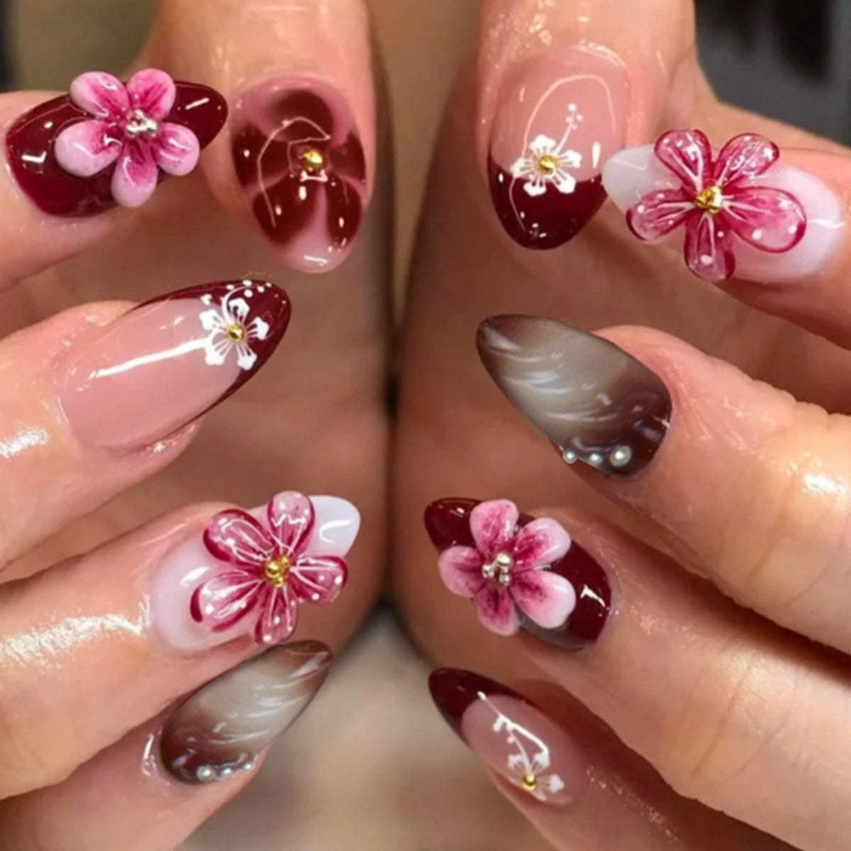 Spring Press on Nails Almond Medium Fake Nails with White Flower Designs French Tip Nails Press ons Light Green False Nails Glossy Glue on Nails Acrylic Nails Nude Stick on Nails for Women 24Pcs
