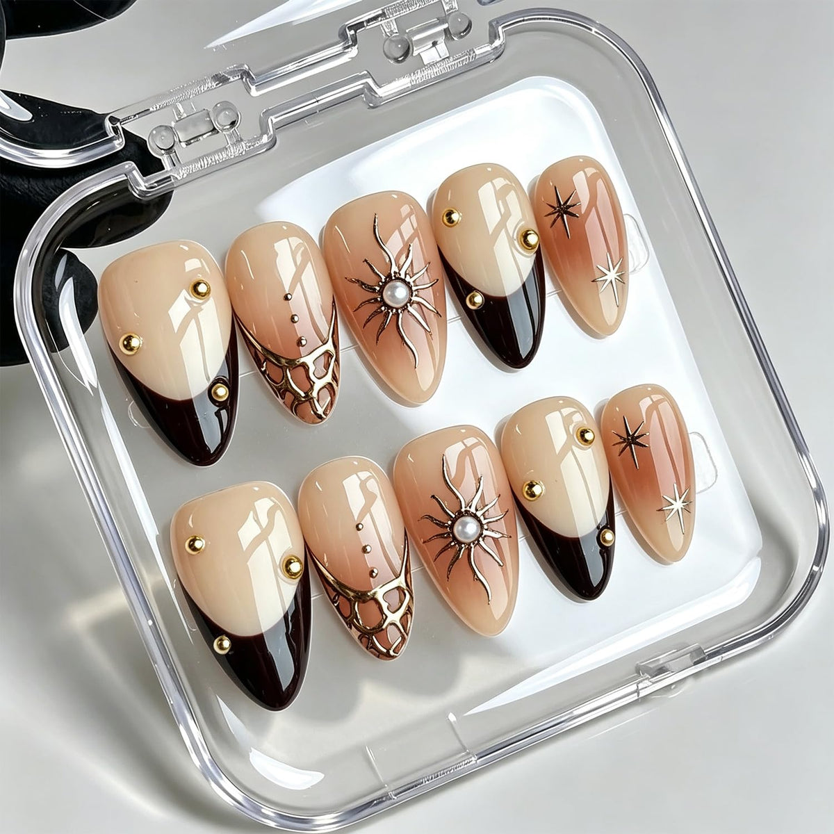 Handmade Press on Nails Gold Beads Almond Fake Nails 10Pcs(Size M)
