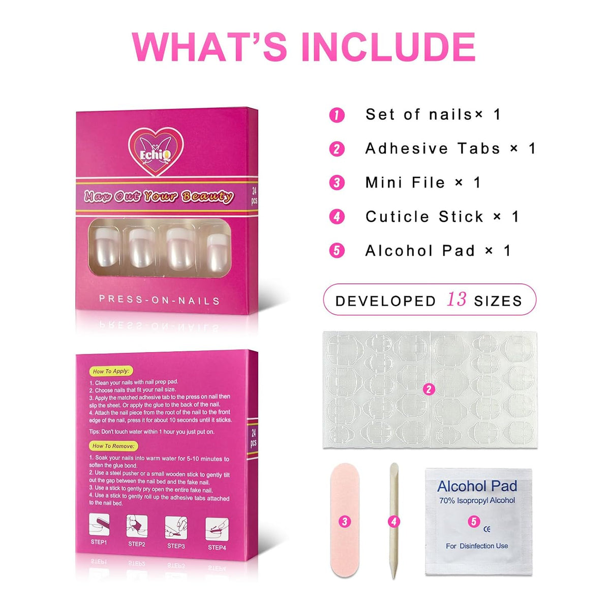 EchiQ Press On Nails Pearl Shine Pink French Nail White Round Fake Nails Short Glossy Satin Artificial Lady Fingernails with Adhesive Tabs