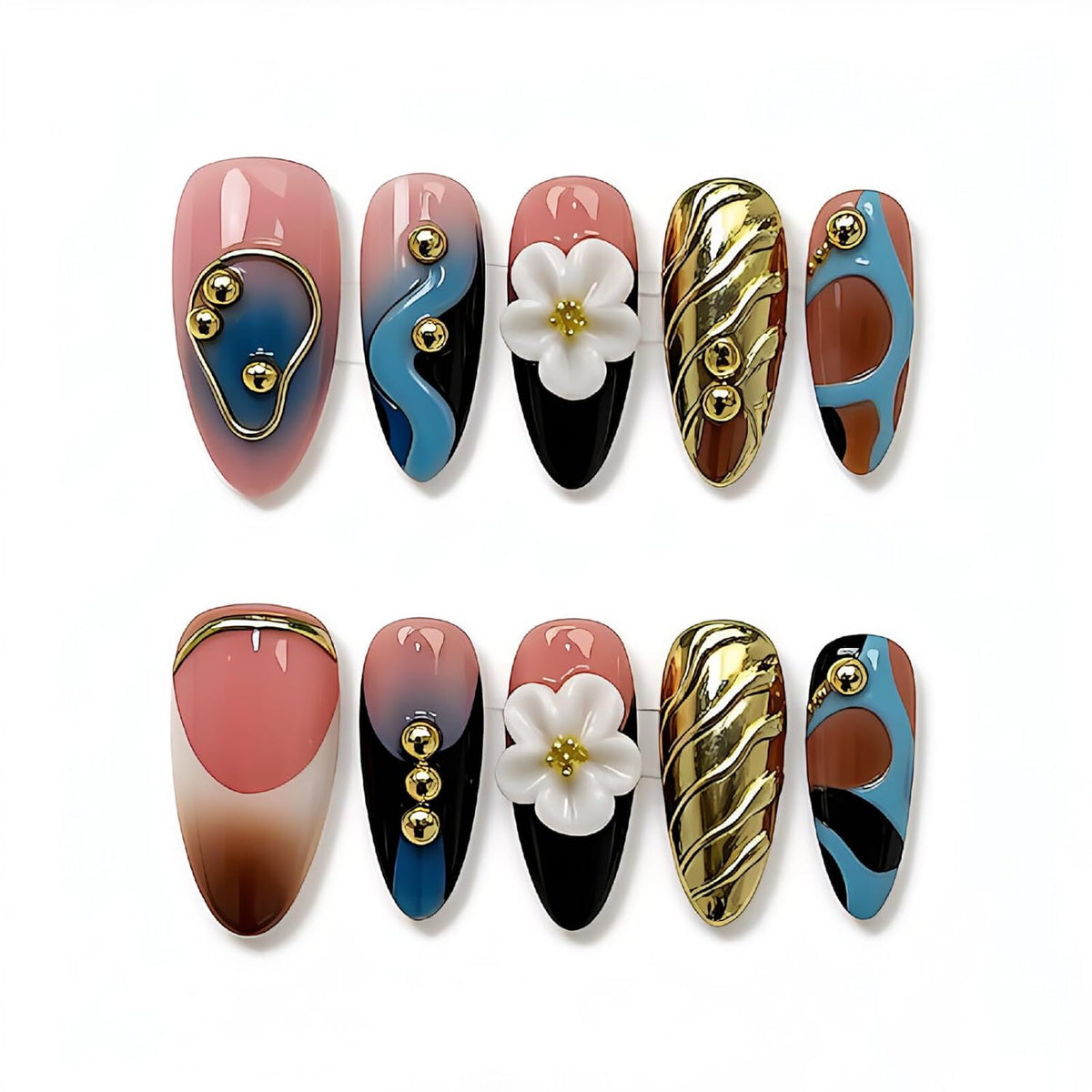 Handmade Almond Press on Nails, Abstract 3D Floral Gold, 10Pcs