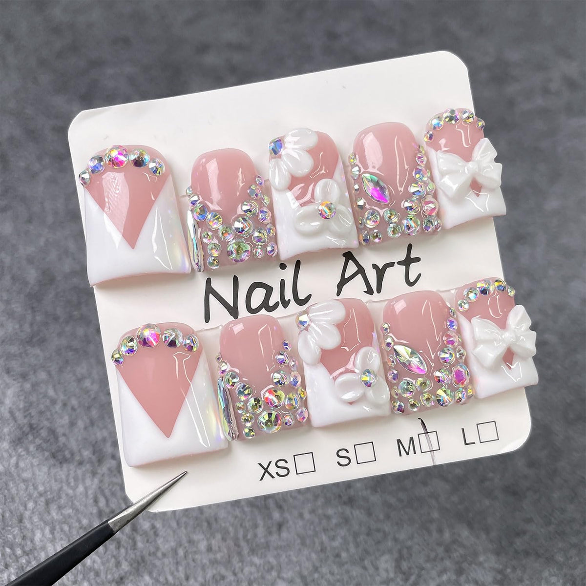 RIICFDD Medium Duck Press on Nails Rhinestone French Handmade Nails(S)