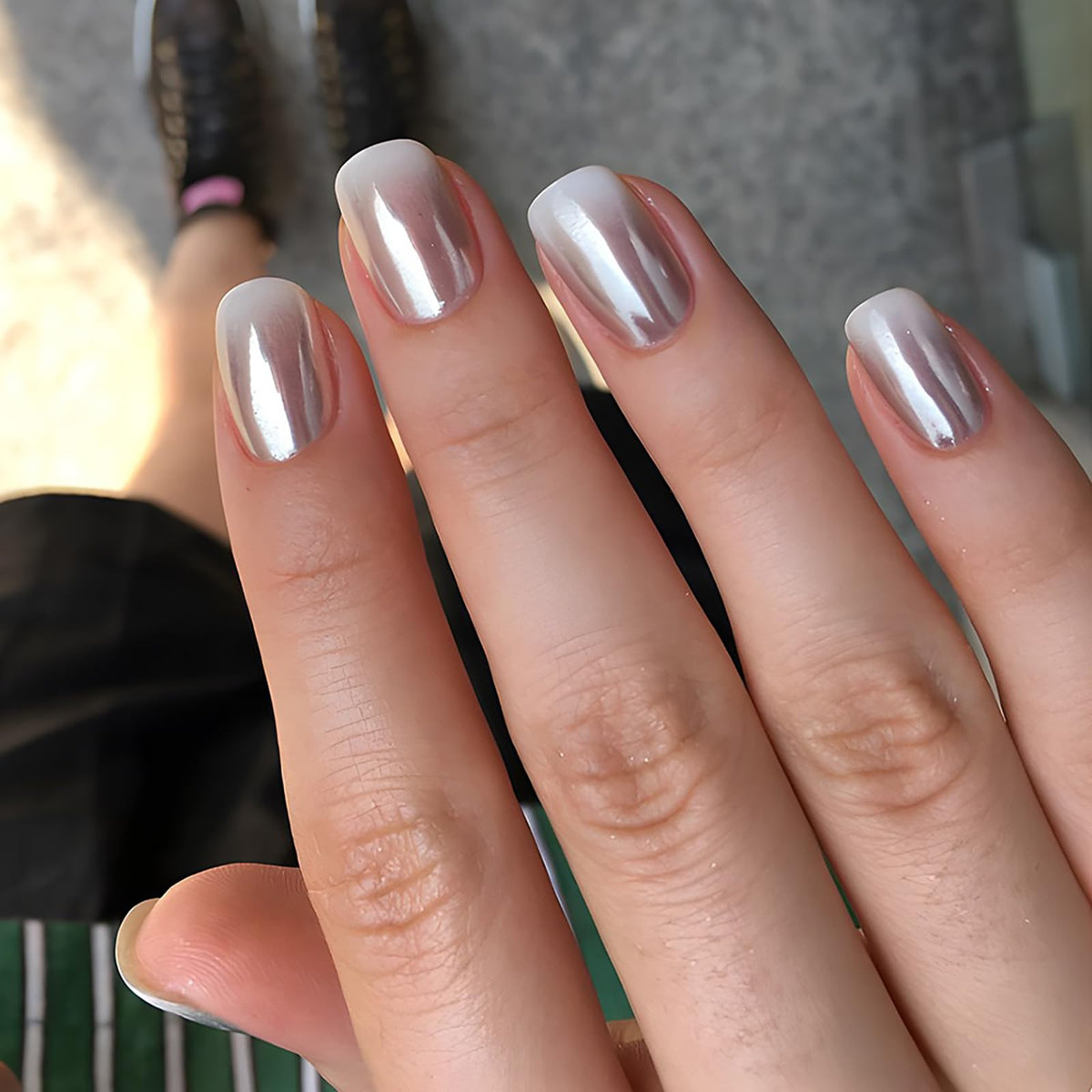 French Tip Press on Nails Glitter Petite Short Square Fake Nails Pink Nude Glossy Design Sparkly False Nails Glue on Nails with Full Cover Acrylic Stick for Women Girls Nail Decorations 24Pcs