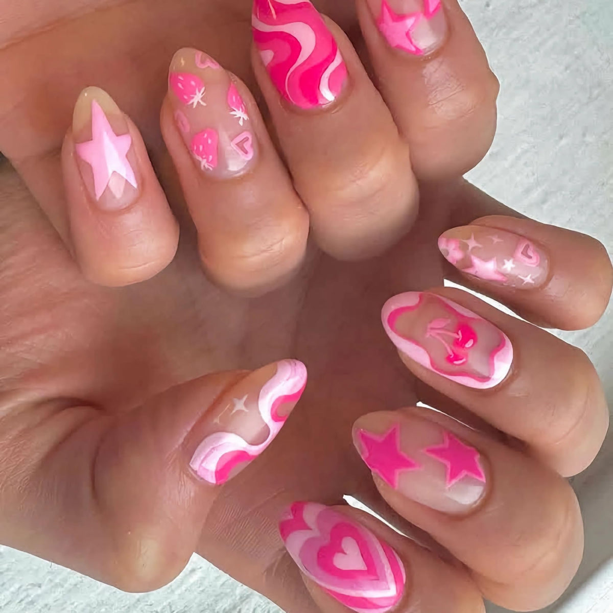 BABALAL Press On Nails - Medium Almond Fake Nails, Pink White Gradient, Rhinestone Gold Bangle, Glossy Coquette Wedding Bridal Glue On Nails 24Pcs