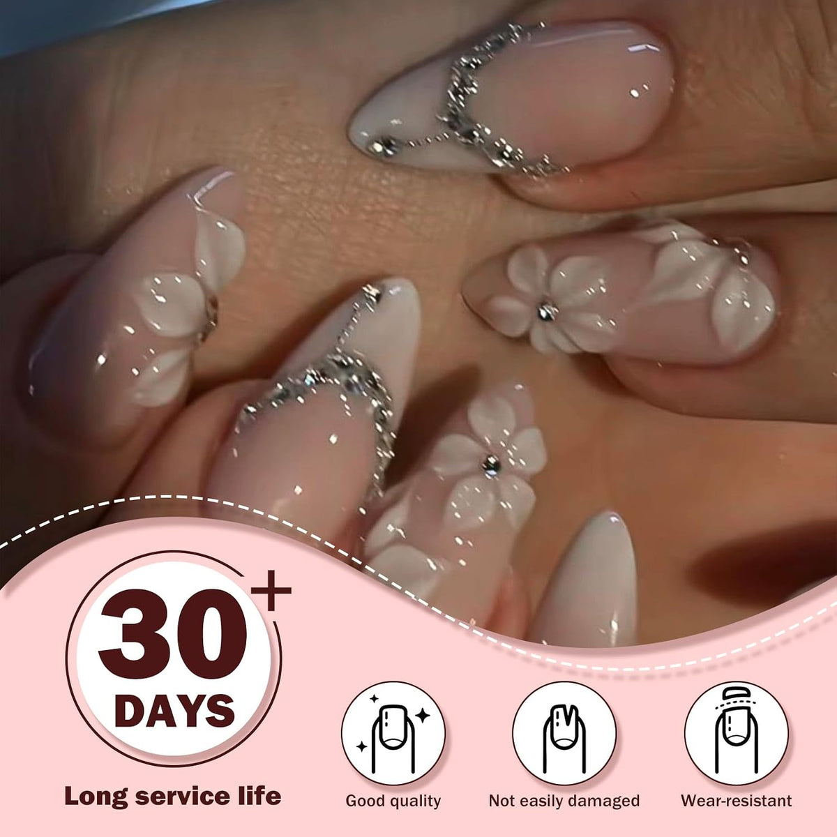 3D White Flower Press on Nails Medium Fakes Nails Almond Shape False Nails with Bling Rhinestones Designs, Glossy Reusable Elegant Acrylic Nails with Glue-24Pcs Nail Kit for Women Wedding Party