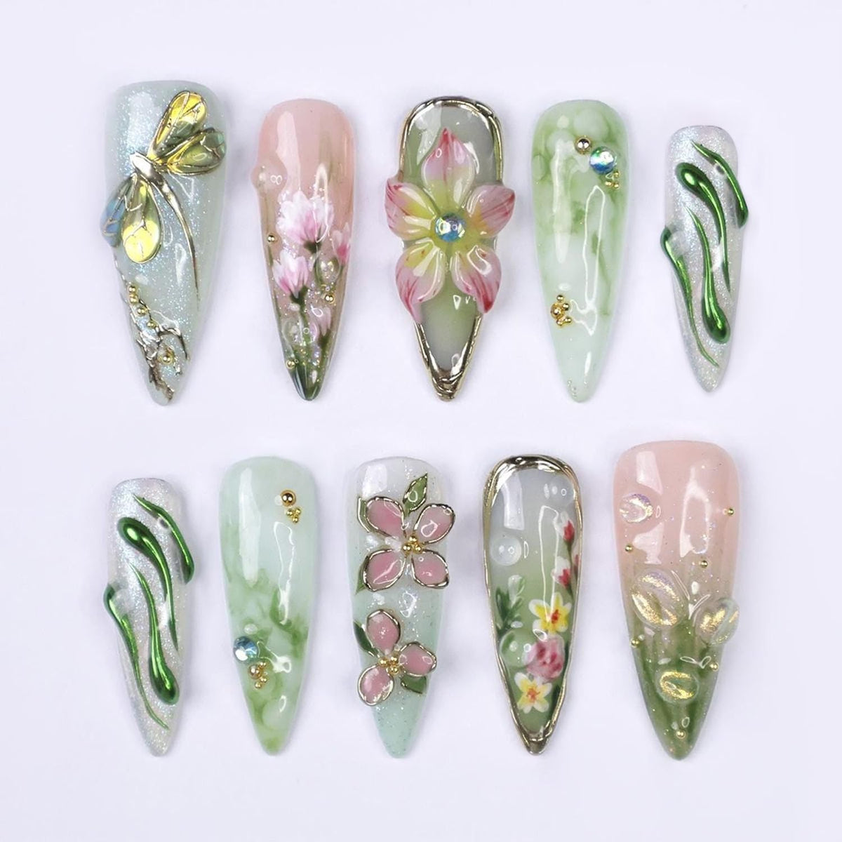 24Pcs White French Tip Press on Nails Medium Almond Fake Nails with Silver Rhinestones with Nude Pink Full Cover Glue on Nails French Designs 3D Flower False Nails Cute Spring Stick on Nails for Women