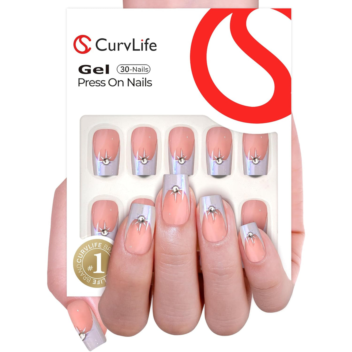 CurvLife Long French Tip Press On Nails, Pearl Rhinestones, Soft Gel