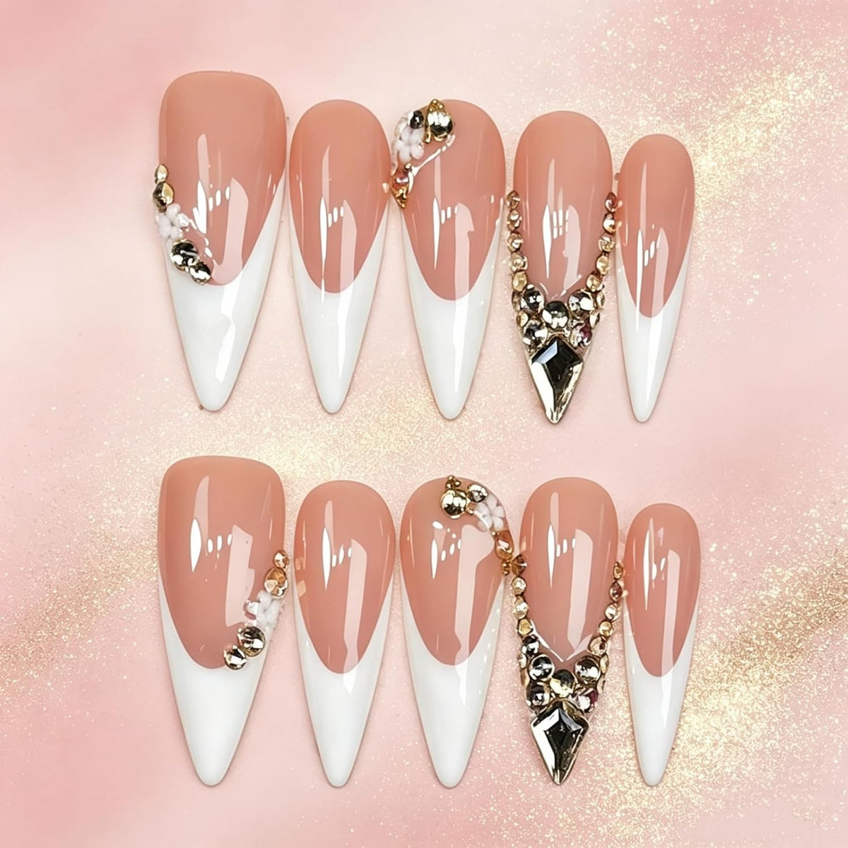 Long Stiletto Press On Nails, Handmade Nude White French False Nails with Gold Rhinestone Decor, Reusable Salon Grade Fake Nails Easy to Wear, 10Pcs M Size for Women