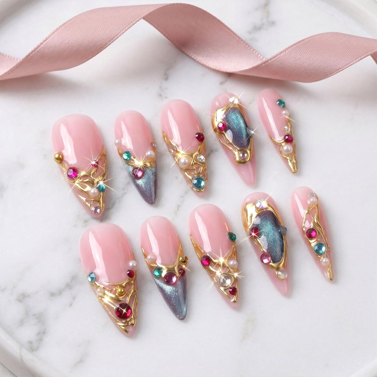 Handmade Press on Nails Long Stiletto - Liquid Gold Abstract Acrylic Fake Nails with Blue Shimmer & Colorful Gems, Luxury Reusable False Nails 10 pcs (Size M)