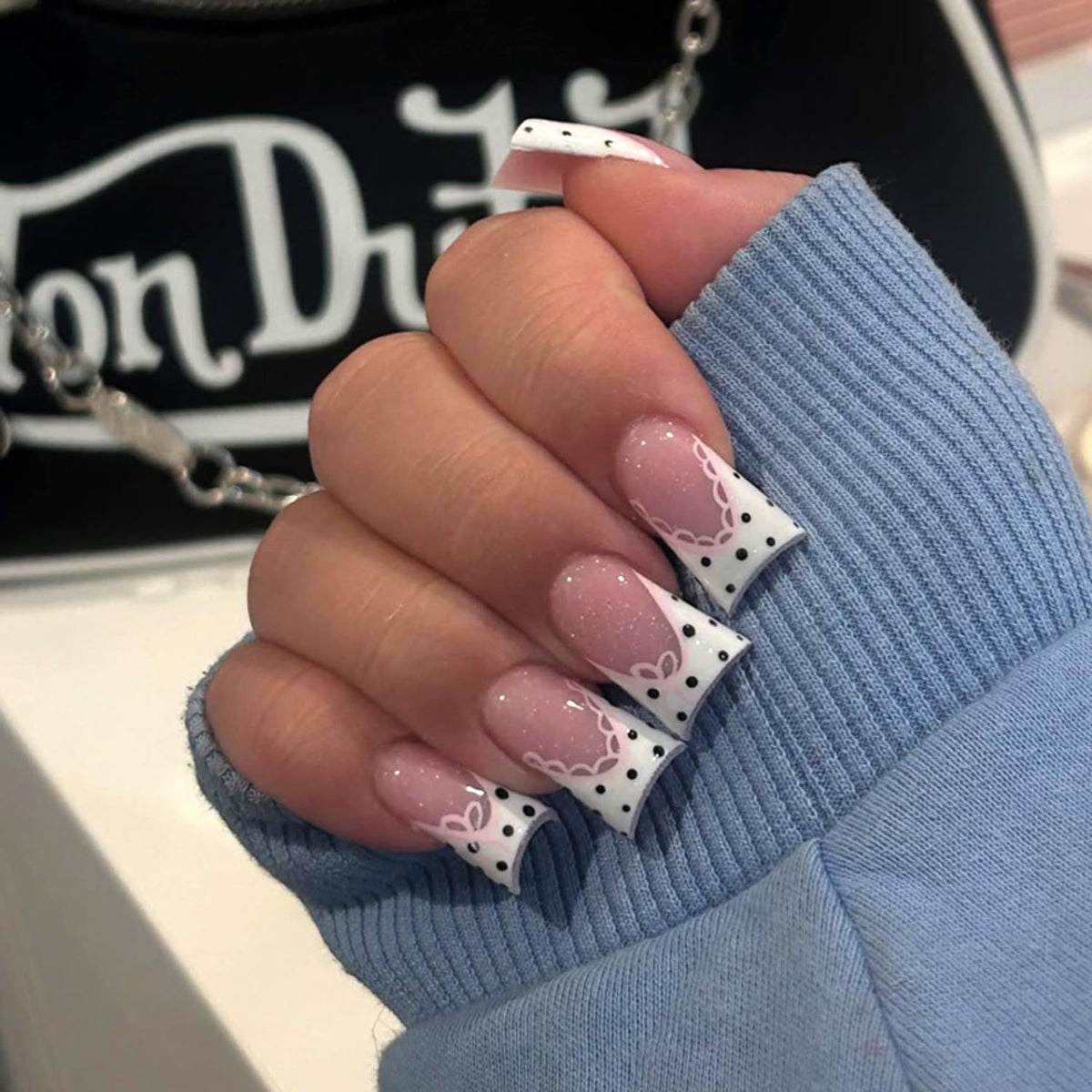 Black French Tip Press On Nails Almond Stiletto, Nude Glossy Fake Nails