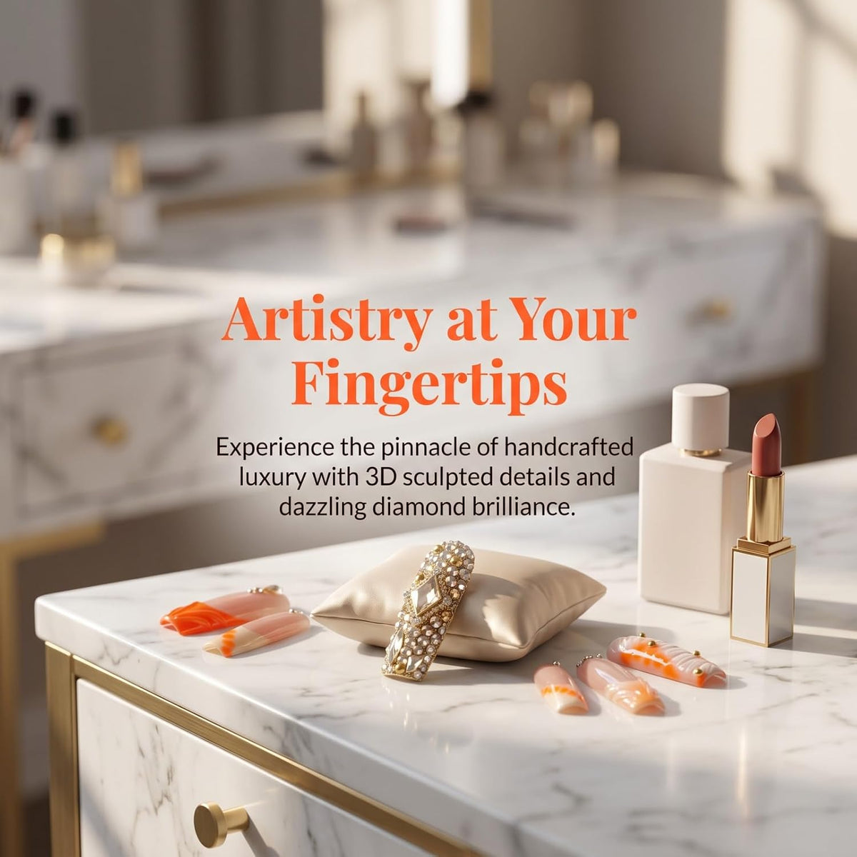 Handmade Press on Nails XL Long Square - Extra Long Orange French Acrylic Fake Nails with 3D Sculpted & Luxury Crystal Gems, Luxury Baddie Reusable False Nails 10 Pack (Size M)