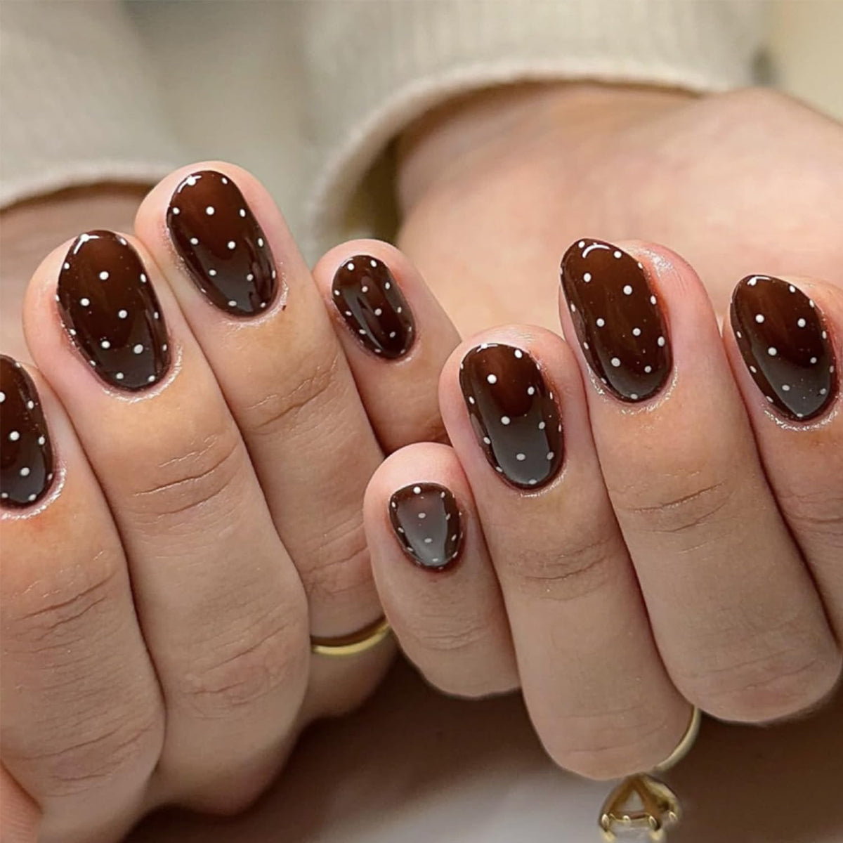 Glossy Nude Gold French Tip Press On Nails Short Almond, 30 PCS