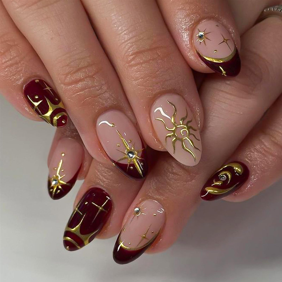 HOSAILY Medium Almond White French Tip Press on Nails 3D White Embossed Floral Designs Fake Nails Pearl Gold Glue on Nails Rhinestones Stick on Nails, 24PCS Bridal Luxury Nails for Women Daily Wedding