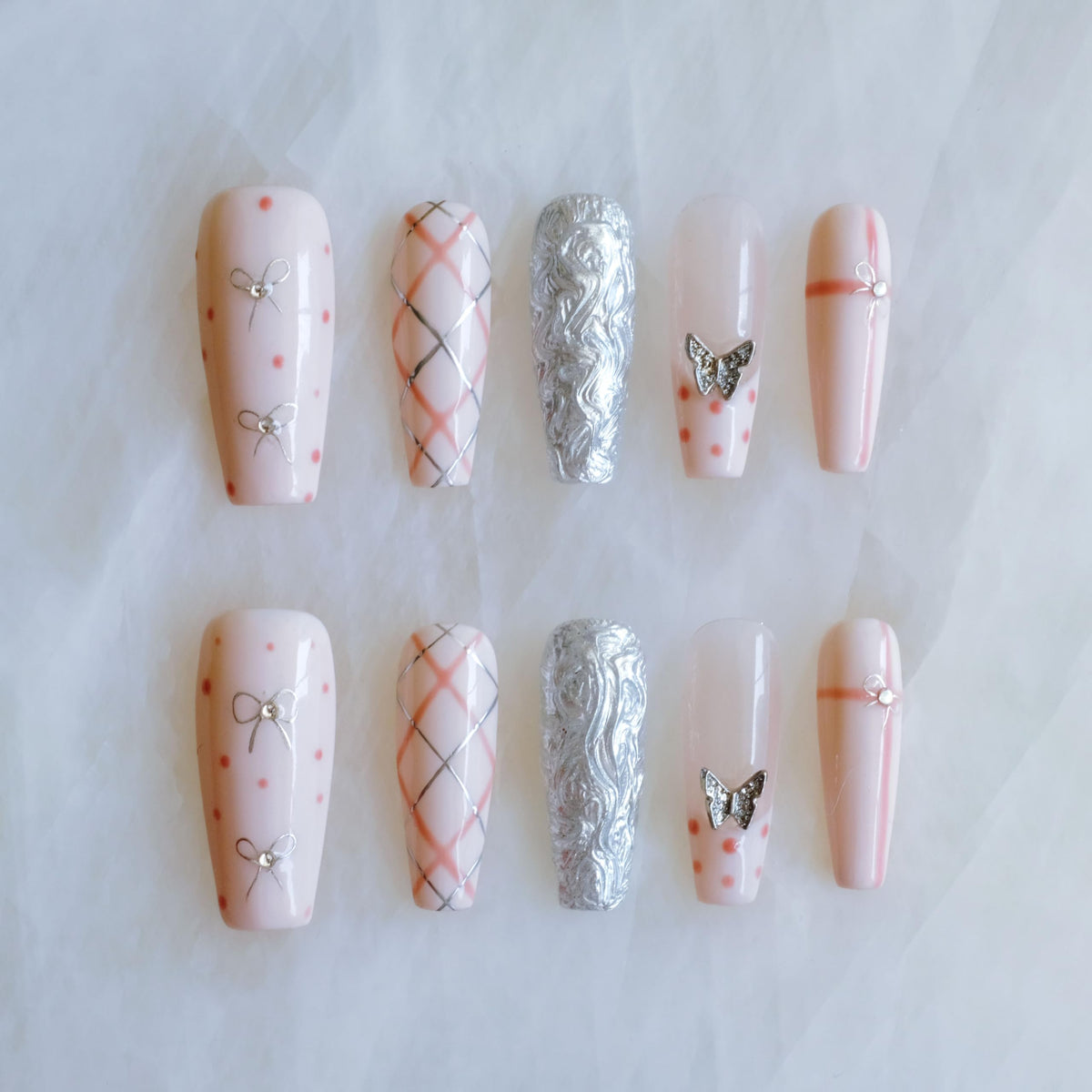 Luxury Handmade Press On Nails, Vintage Bohemian Style, Long Stiletto Shape, Crystal Heart Gems, Gold Stars Design, 10 Pieces (Large, LS)