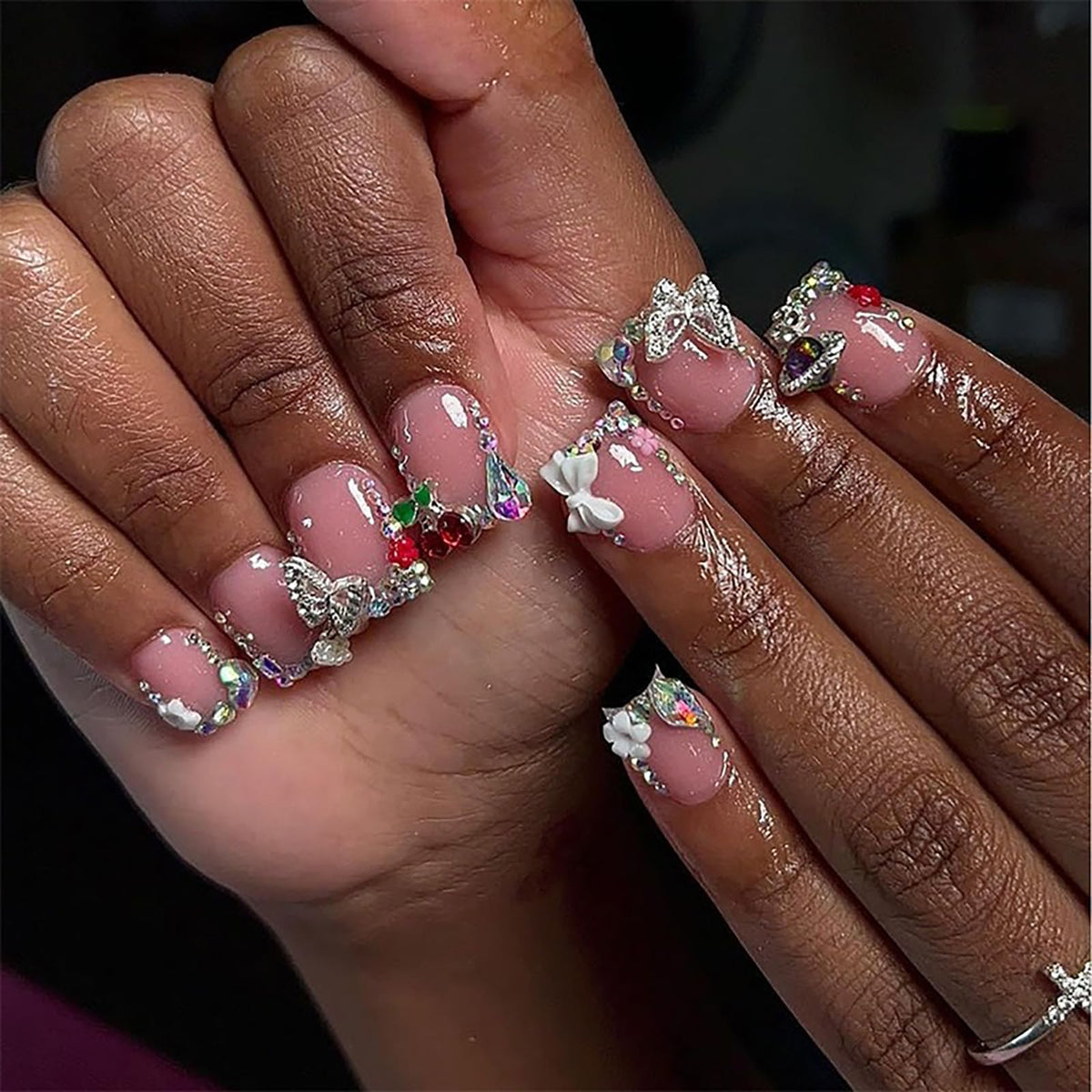 French Tip Press on Nails Glitter Petite Short Square Fake Nails Pink Nude Glossy Design Sparkly False Nails Glue on Nails with Full Cover Acrylic Stick for Women Girls Nail Decorations 24Pcs