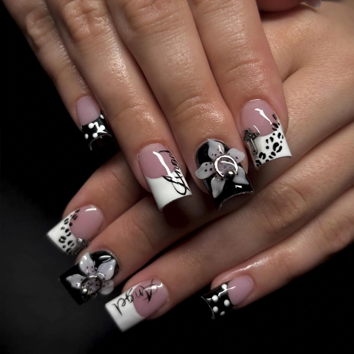 BABALAL Press on False Nails Long Square Fake Nails Black and Gold Chrome Gothic Glue on Cross Charm Luxury 3d Design French Tip Acrylic 24Pcs Y2k Handmade Custom Full Cover Gel Nails
