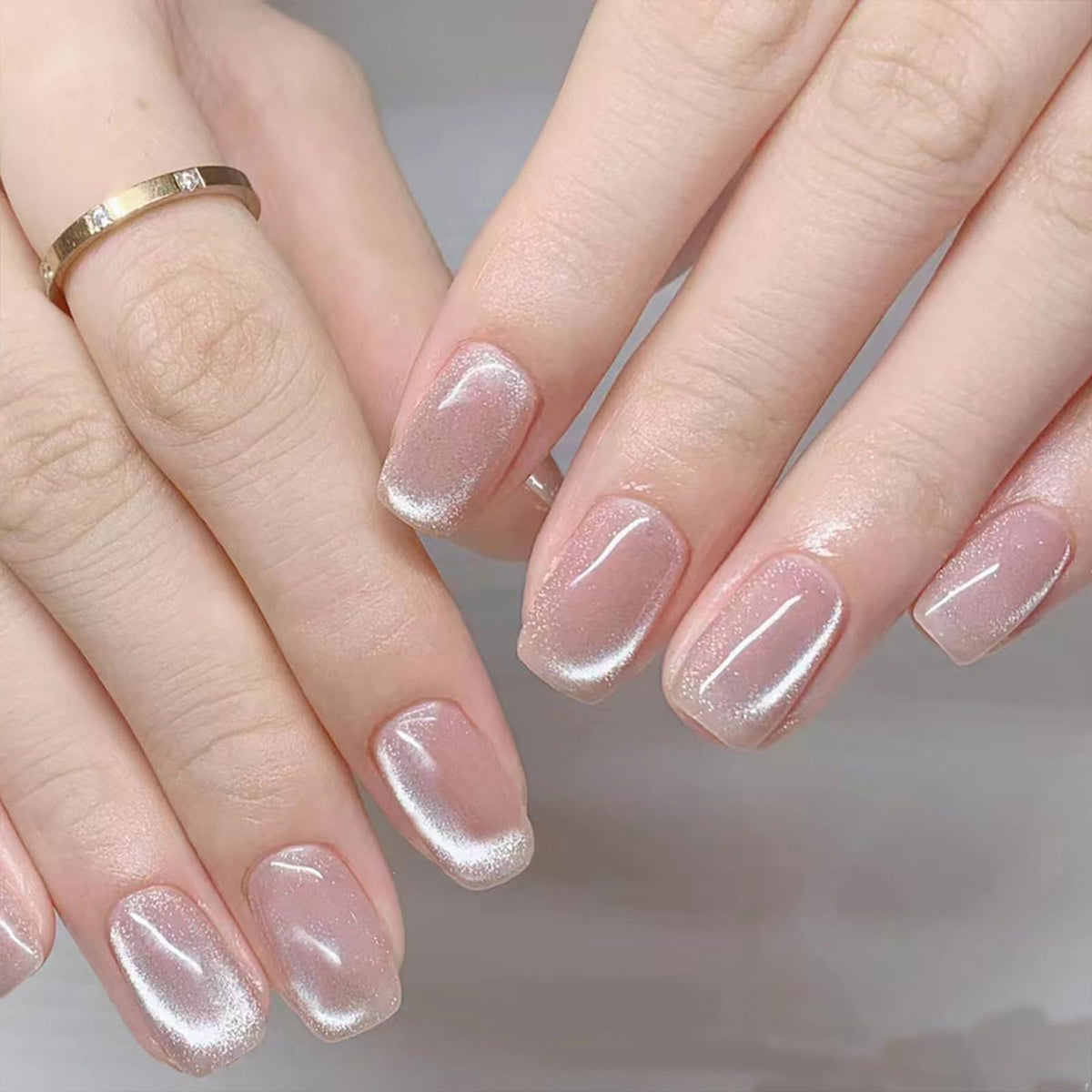 Cat Eye Press On Nails Short Square 3D Floral Pearl Wedding Nails 24PCS