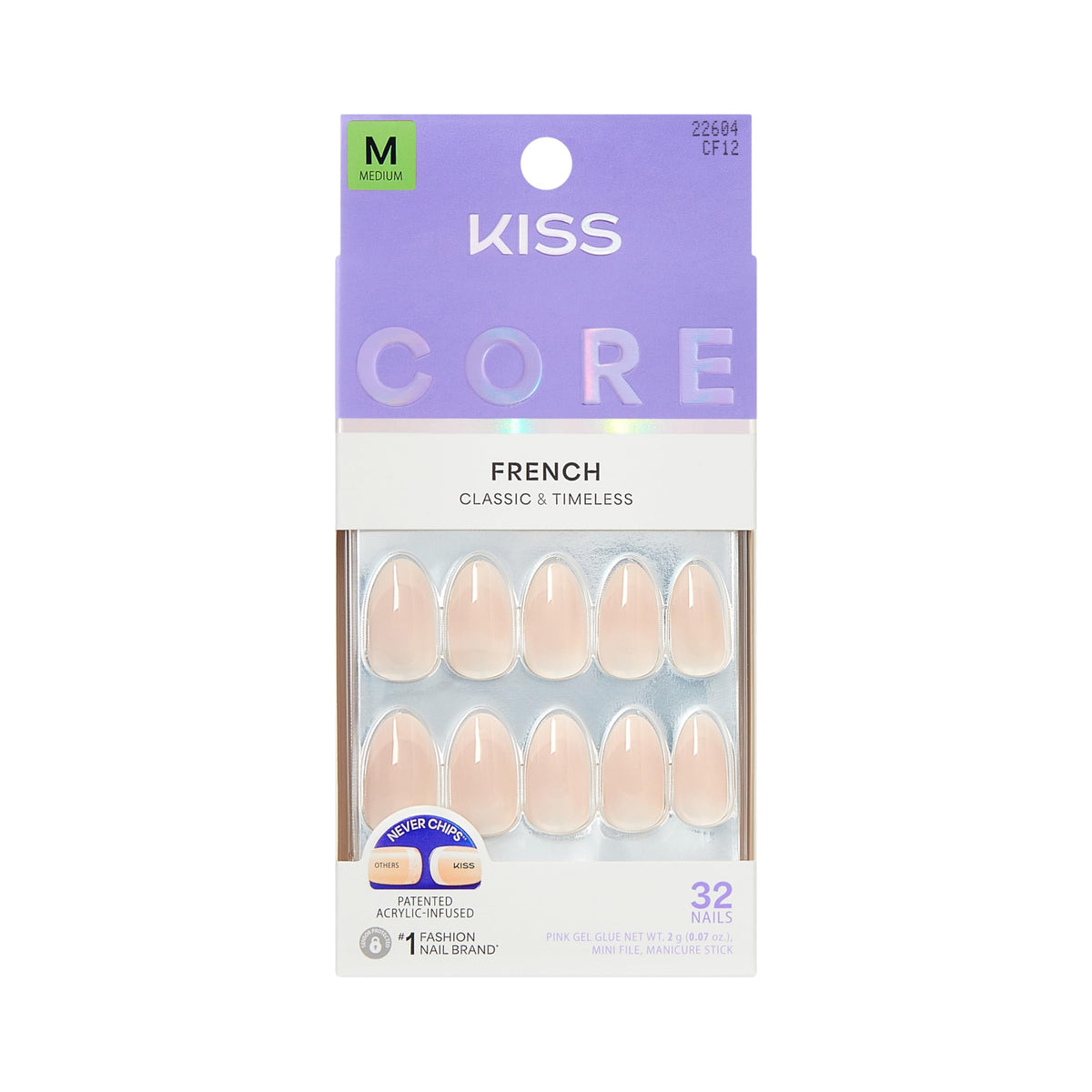Kiss Core, Press On Nails, Nail glue included, 'Curiosity', White, Medium Size, Almond Shape, Includes 32 Nails, 2g Glue, 1 Manicure Stick, 1 Mini File