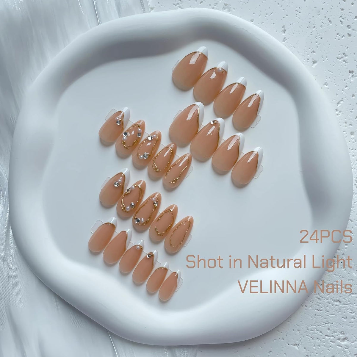 Nude Pearl Gold French Press on Nails Medium Almond Fake Nails Kit 24PCS