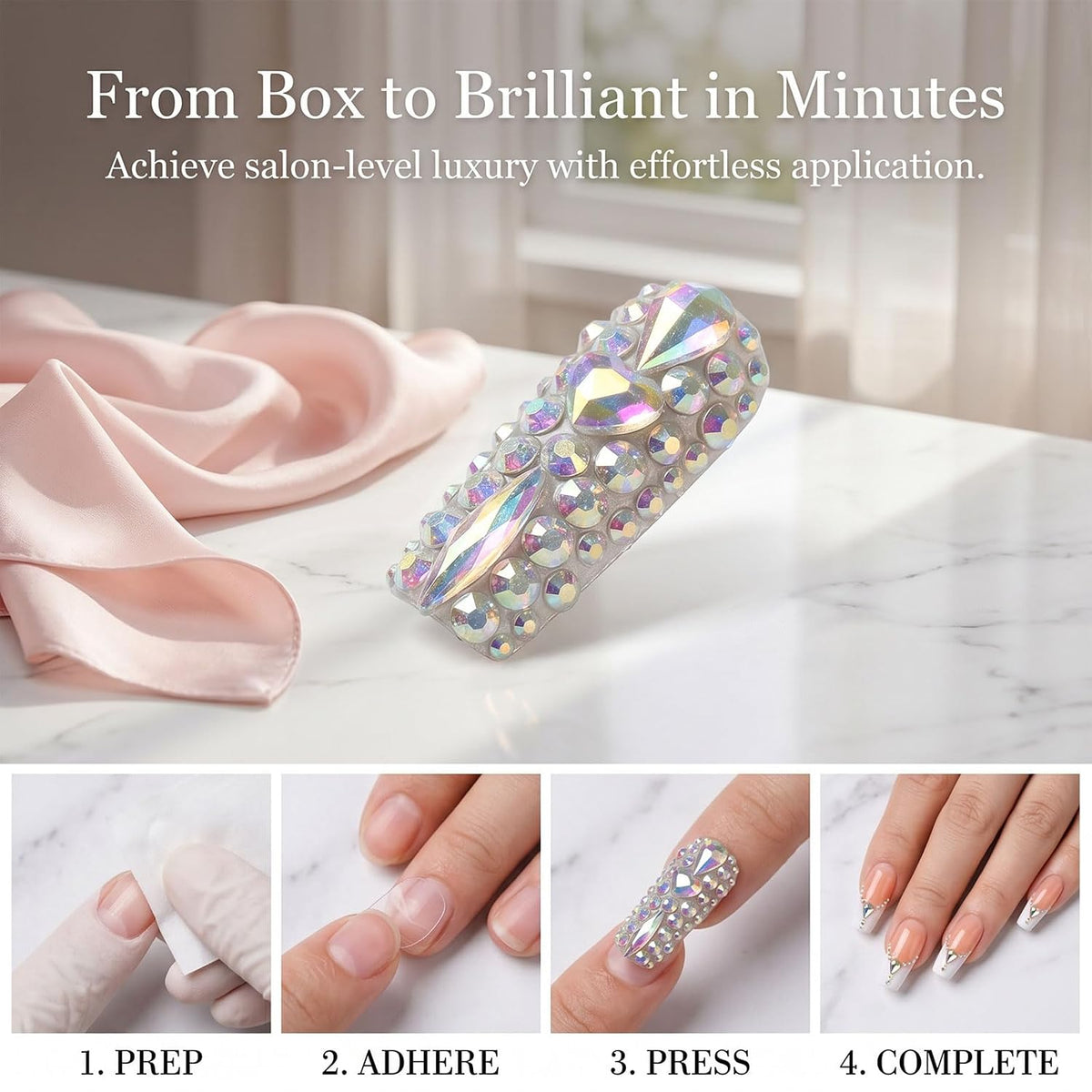 Long Square Handmade Press on Nails - White French Tip Acrylic Fake Nails with Crystals Gems, Elegant Bridal Reusable False Nails for Wedding Manicure 10 Pack (Size M)