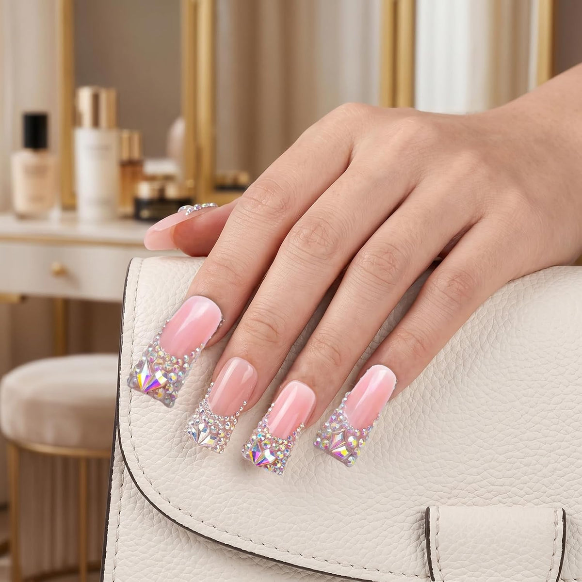 Handmade Long Duck Press on Nails - Luxury Crystal French Tip False Nails with Rhinestones, Diamond Jelly Pink Fake Nails, 10 Pack Gel Nails for Women (Size M)