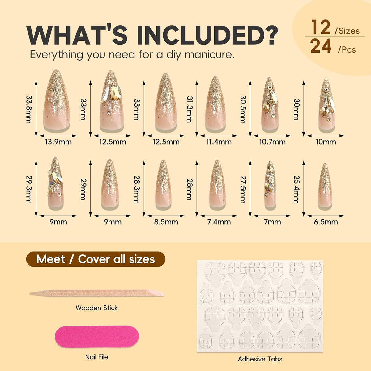 HOSAILY Long Almond Gold Glitter Press On Nails - Luxury French Shimmer Diamond Design, Holiday Party & Wedding False Nail, 24PCS Full Cover Gel Nail for Women- Autumn to New Year’s Elegance