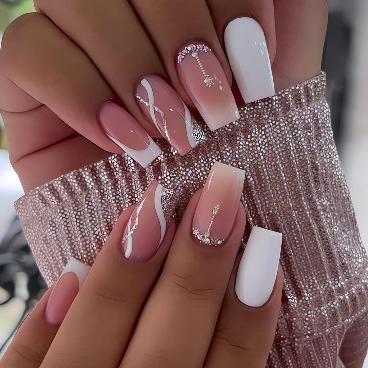 IMSOHOT Long Press on Nails Coffin Glitter Fake Nails Shiny Pink Rhinestone Full Cover False Nails Luxury Ballerina Artificial Acrylic Glue on Nails for Women 24Pcs