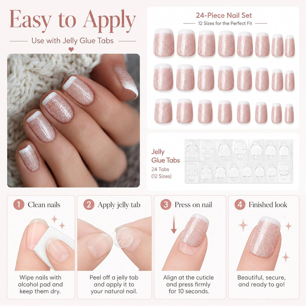 Press On Nails Short Square, Nude Pink Silver Glitter White French Tip Glossy Fake Nails, Full Cover Acrylic Gel False Artificial Nails for Bridal Wedding Daily Office Date Party Wear