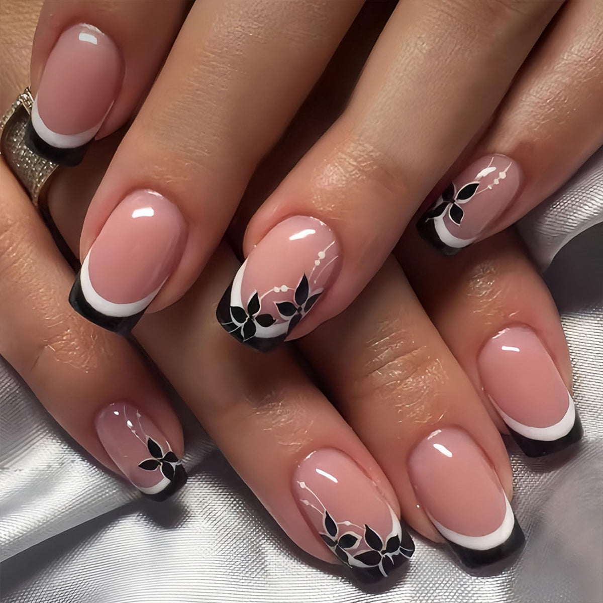 Medium Press on Nails Square White French Tip False Nails with Glitter Design Cute Fake Nails Light Pink Full Cover Nails Press ons Glossy Glue on Nails for Girls and Women 24Pcs