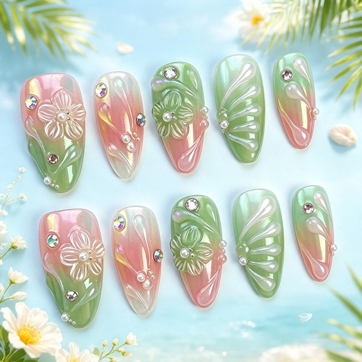 Gold French Tip Press On Nails Medium Almond Fake Nails with Pearl Designs Glossy Nude Pink Glue On Nail Reusable Full Cover Acrylic Nail for Women Office Wedding Date Night 24 PCS