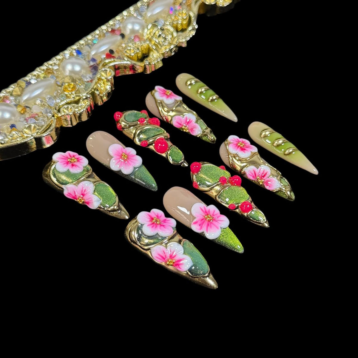 Handmade Luxury Floral Press On Nails Elven Forest (M)