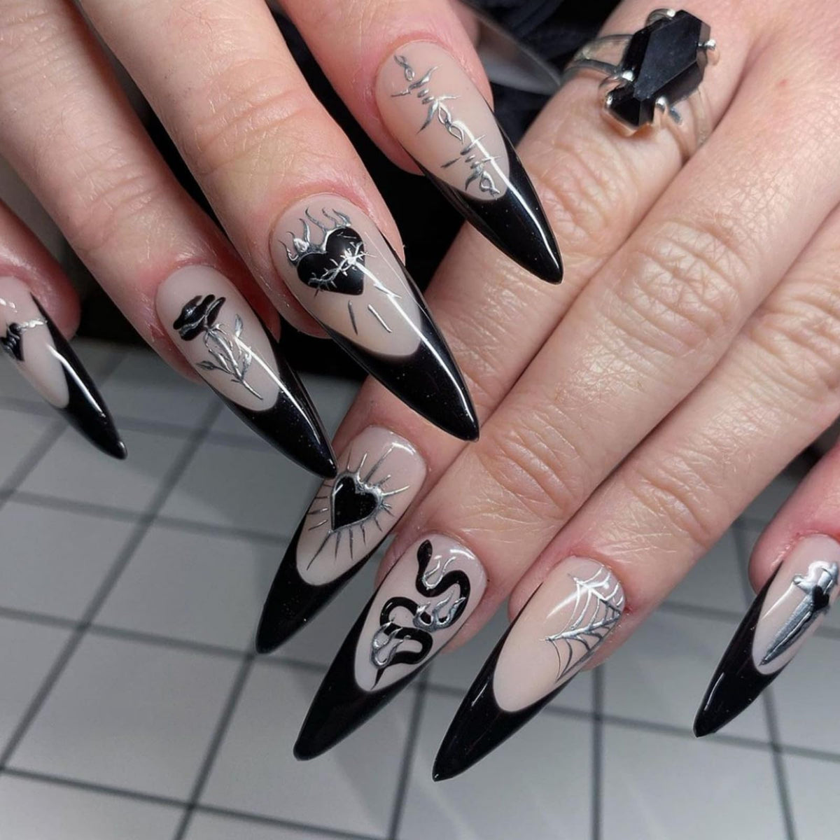 3D Gold Press on Nails Long Stiletto Fake Nails Glossy Nude Blue Full Cover