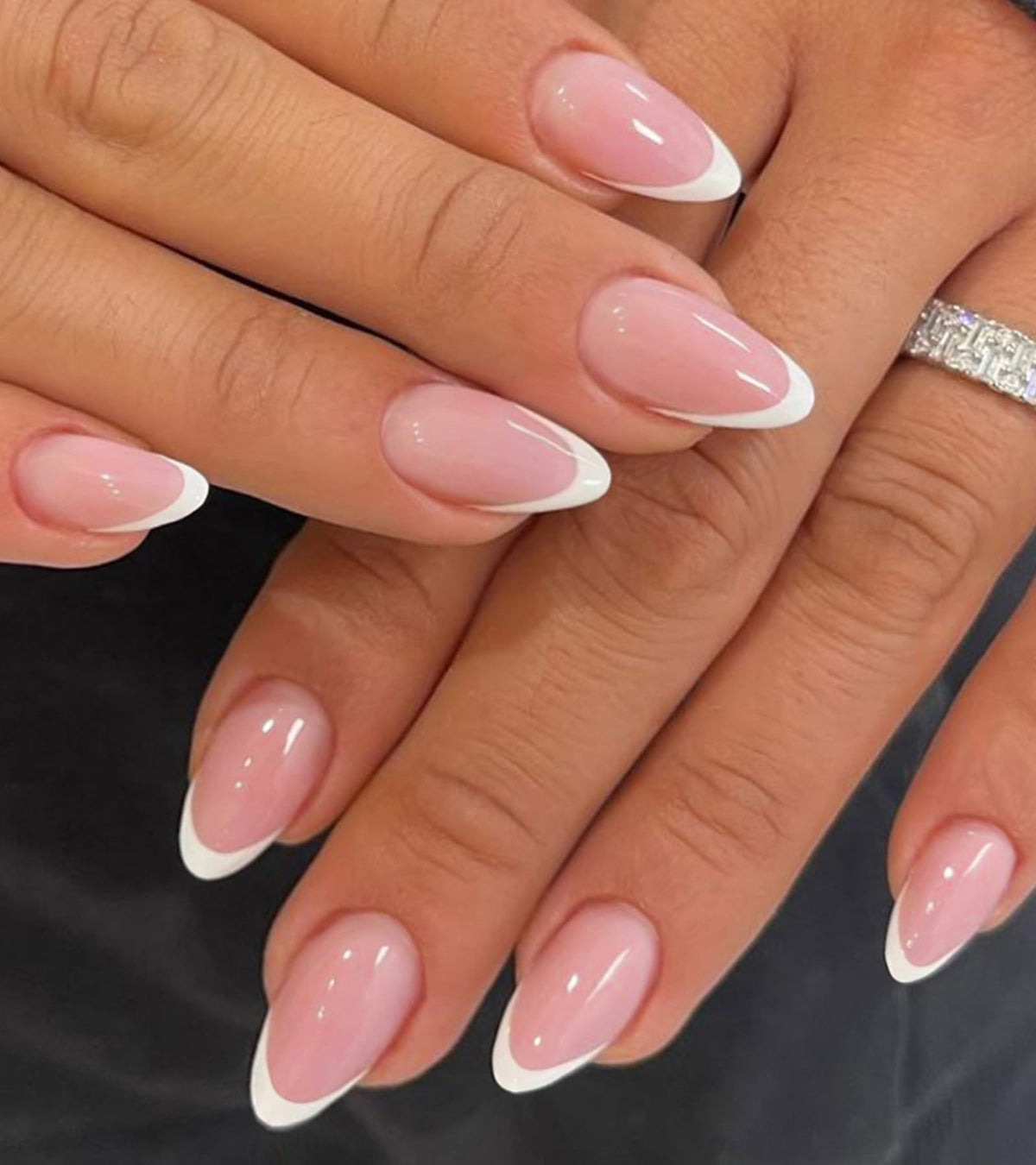 Artquee Press on Nails Short Soft Pink Almond False Tips Glossy Reusable Fake Stick on Nails Kit for Women - 32 Pcs 16 Sizes