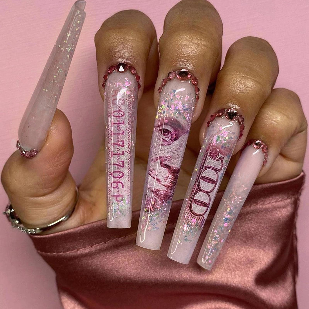 MISUD Press on Nails - Extra Long Square Glue on Nails with French Tip, Acrylic Dollar Money Rhinestone Design 24 pcs