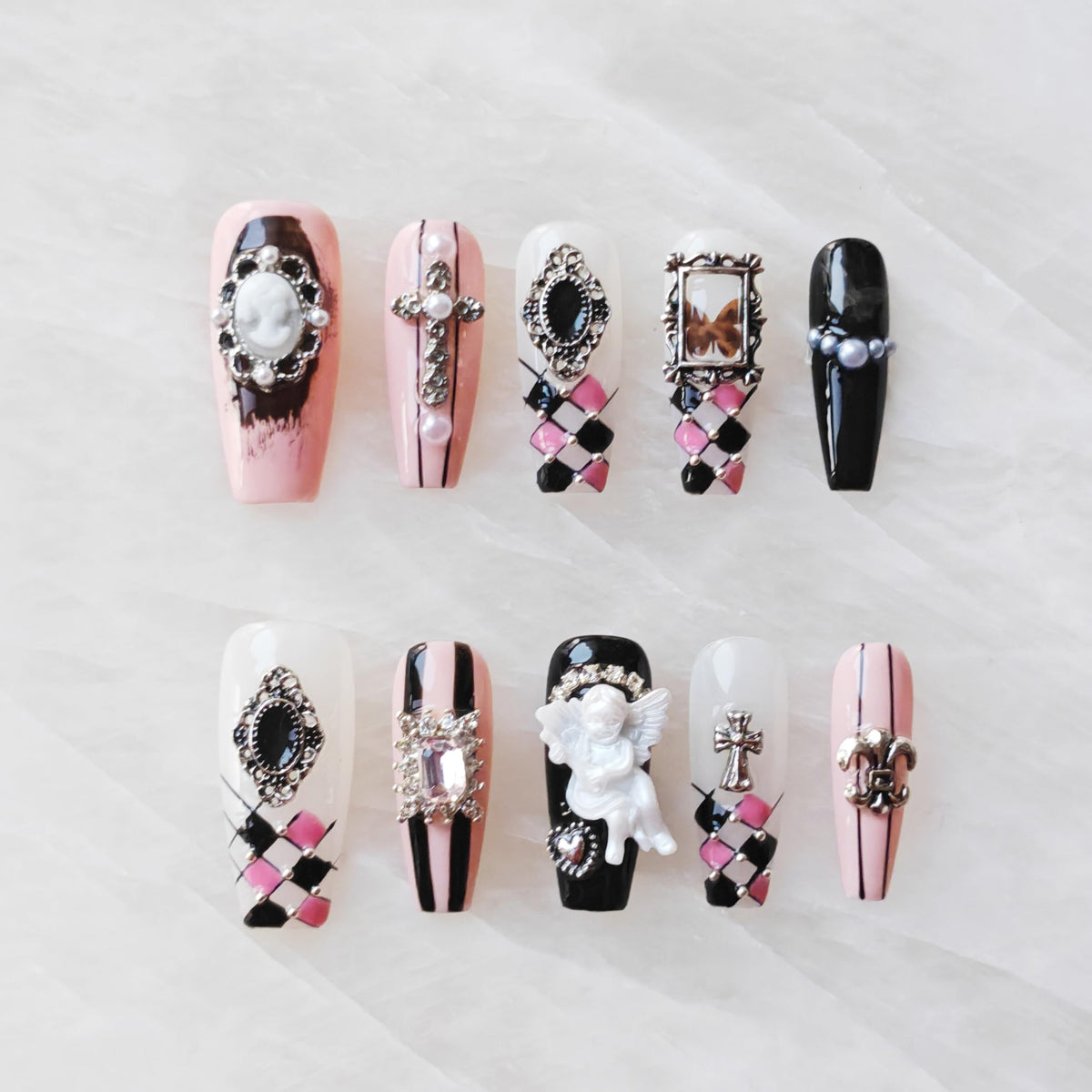 Luxury Handmade Press On Nails, Vintage Bohemian Style, Long Stiletto Shape, Crystal Heart Gems, Gold Stars Design, 10 Pieces (Large, LS)