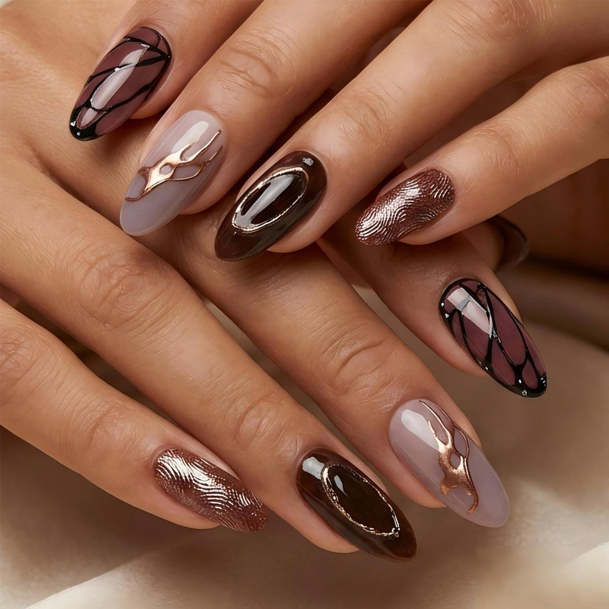 Glossy Nude Gold French Tip Press On Nails Short Almond, 30 PCS