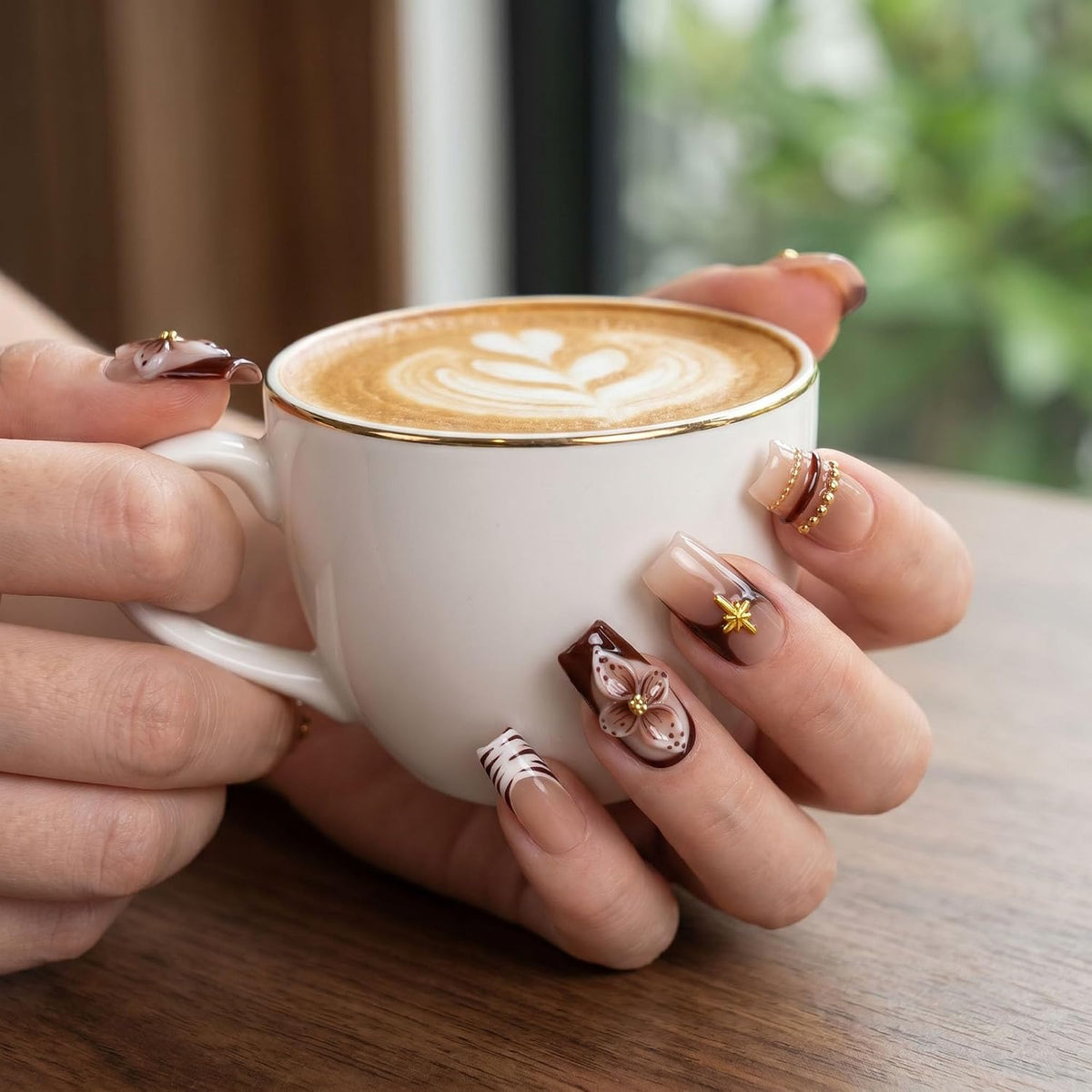 Handmade Press on Nails Medium Square Brown Gradient False Nails with 3D Flower and Swirl Design French Tip Fake Nails Luxury Reusable Acrylic Nails Press Ons for Women 10Pcs (Size M)