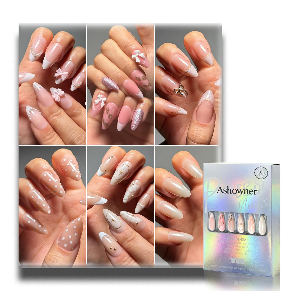 Press on Nails, 6 Packs (144 Pcs) Medium Almond Sets, Wedding French