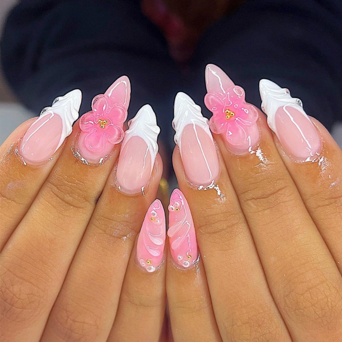 Medium Almond Pink 3D Twist French Tips Rhinestone Press On Nails