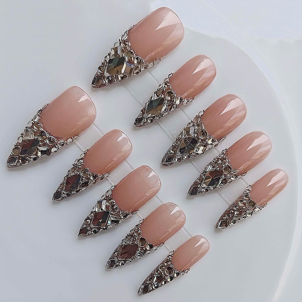 Handmade Press on Acrylic Nails, Almond Long Press Ons with Purple & Nude 3D Swirl Design, Rhinestone & Polka Dot Accents, Stiletto Glue on False Nails Y2K M Size -Gleamrain Design 801