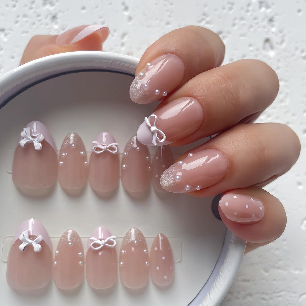 Nude Pearl Gold French Press on Nails Medium Almond Fake Nails Kit 24PCS
