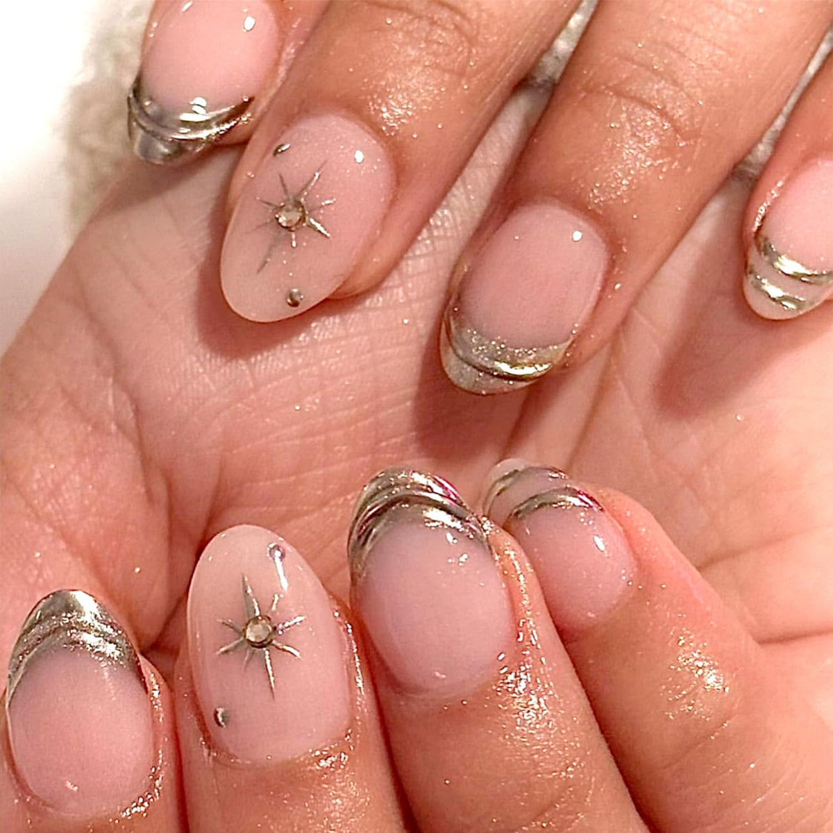 Black French Tip Press On Nails Almond Stiletto, Nude Glossy Fake Nails