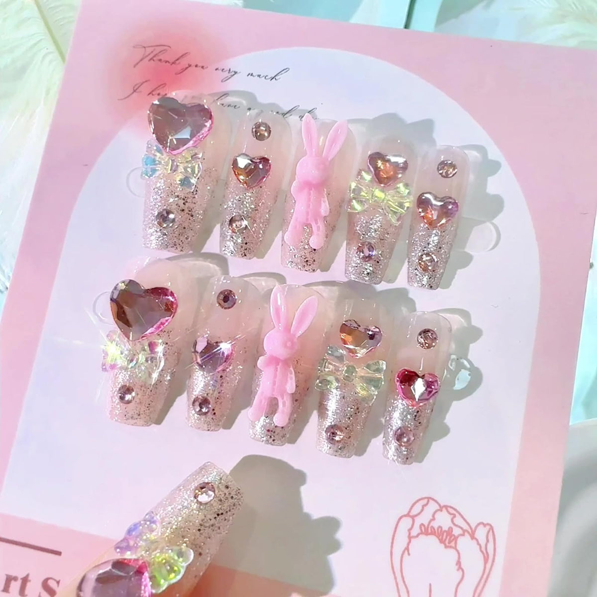 SINHOT Luxury Press on Nails - Long Coffin Fake Nails 3D Handmade Cute Pink Reusable False Nails with Rhinestone Designs,DIY Artificial Nail Art, 24pcs