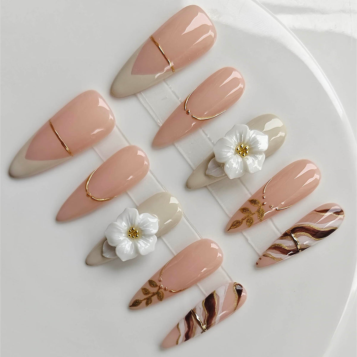 Handmade Press on Acrylic Nails, Almond Long Press Ons with Purple & Nude 3D Swirl Design, Rhinestone & Polka Dot Accents, Stiletto Glue on False Nails Y2K M Size -Gleamrain Design 801