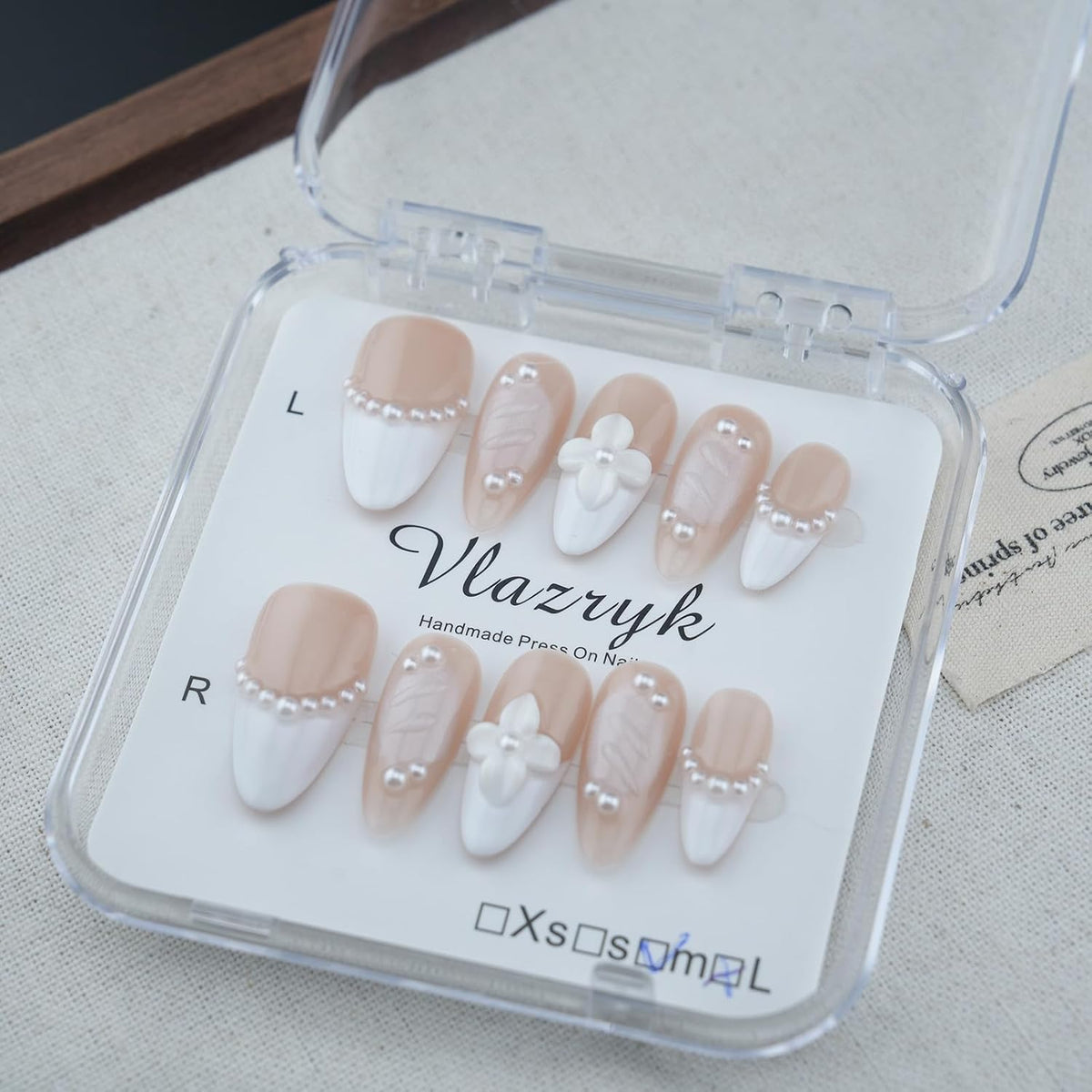 Handmade Press On Nails – Short Almond False Nails for Women, Reusable Acrylic White French Tip with Pearl & 3D Flowers Design – Salon Quality Fake Nails (10PCS Size S)