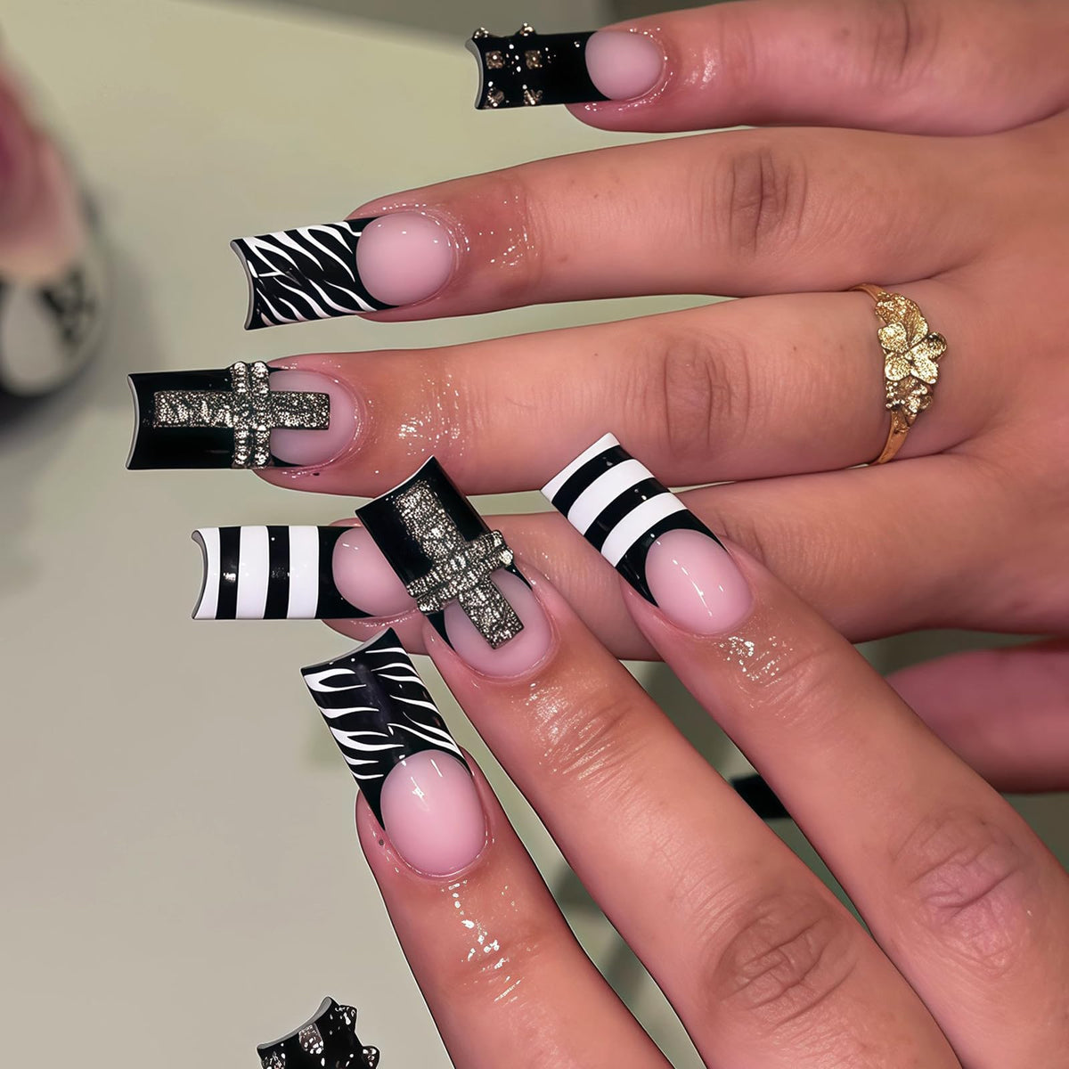 MISUD Press on Nails - Long Square Glue on Nails with White Bridal, Acrylic Wedding Bride Design 24 pcs